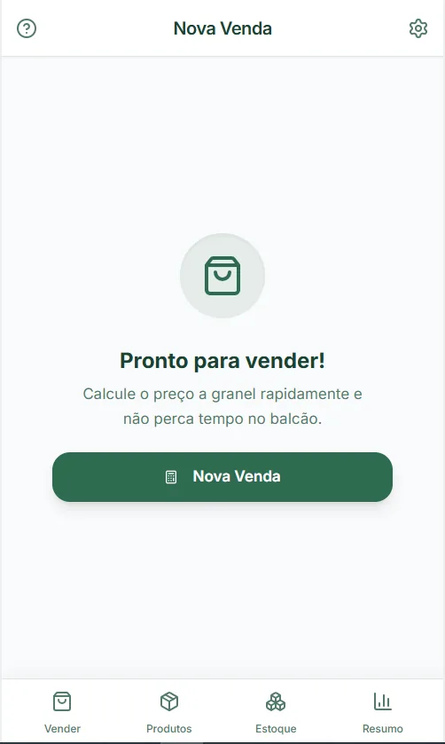 Tela inicial da Calculadora de Granel, com o atalho para lançar uma nova venda.