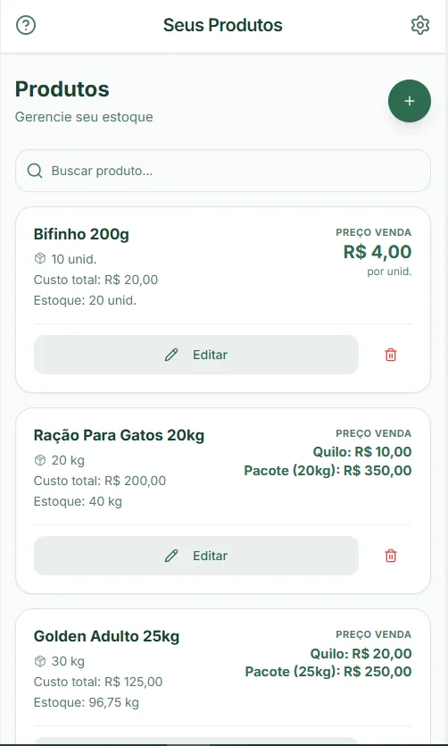 Cadastro de produtos, com preço de venda e custo de cada item.